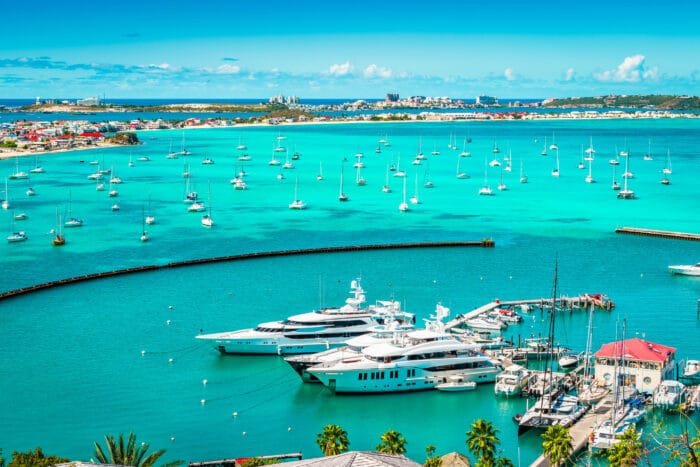 Luxury yachts and boats in the marina of Marigot, St Martin, Caribbean.