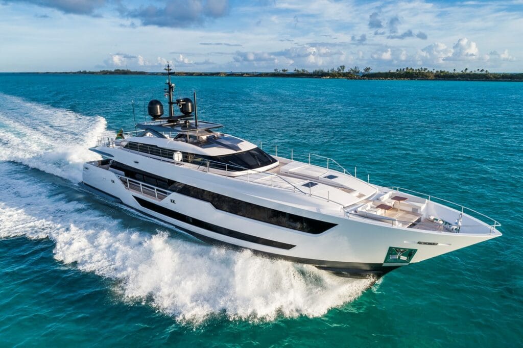 The 125' 10" (38.35m) motor yacht NEVER BLUE was added to the yachts for sale market last week. 