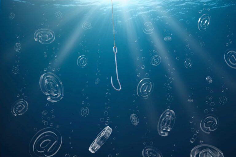 Blue underwater scene of a phishing hook trying to catch “@”, How To Avoid Phishing Attacks