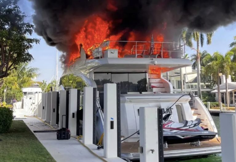 Princess Yachts built, Hot Pursuit, caught fire on her flybridge, where fire crews worked tirelessly to contain the fire to her upper deck.