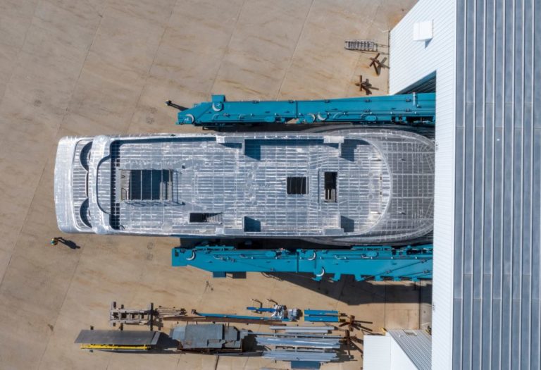 Burger Boat Company announced the superstructure was lifted into place on their first 180-foot motor yacht.