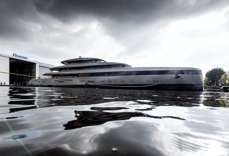Launching from Feadship’s Aalsmeer yard, Project 710, stretching 275ft (84m) is headed for final outfitting ahead of sea trials.