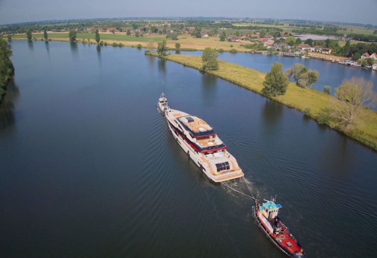 Following her launch in February, Heesen Yachts’ 197ft (60m) ULTRA G (previously Project Skyfall) has been spotted making her way to Greenport, Rotterdam to have her upper deck completed over the summer.