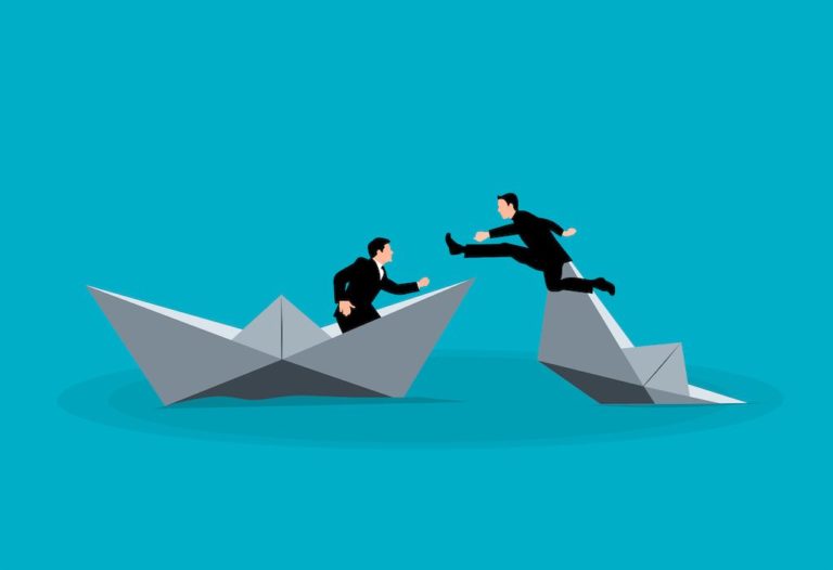 one cartoon man is jumping from his boat into the paper folded boat of another cartoon man, boat insurance guide 2023