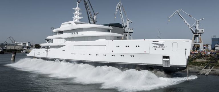The Amels 80 Limited Edition has hit the water and is headed for her final outfitting in the Netherlands at Damen’s main facility.