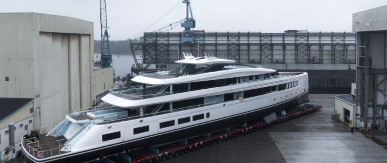Experience the elegance of Project CALI's launch by Lürssen. This 269ft beauty, with design by Jim Robert Sluijter, redefines luxury on the water.