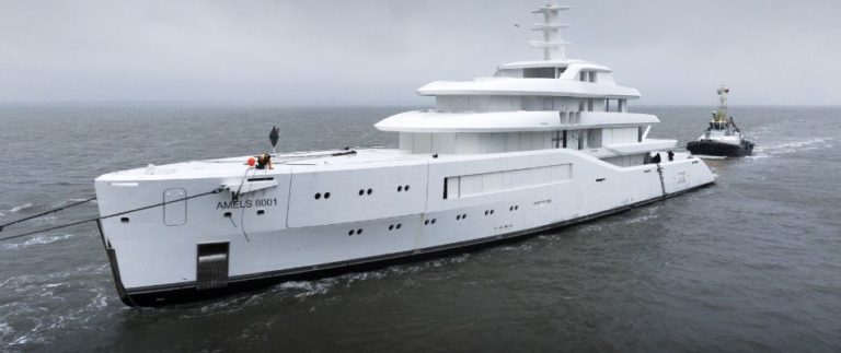 The first Amels 80 has arrived at Damen Yachting’s Vlissingen yard to complete the outfitting process.
