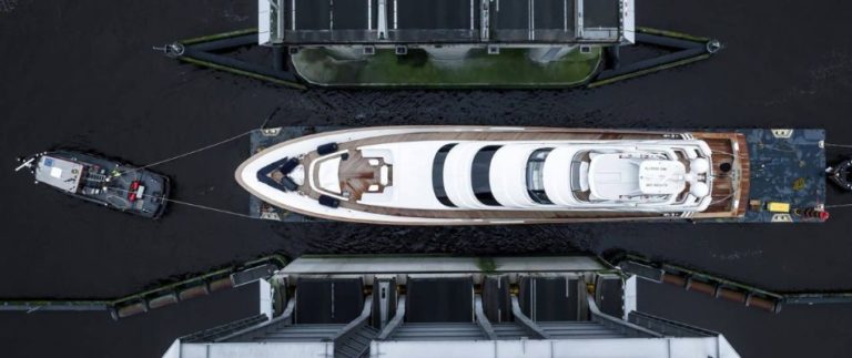 The largest sportfishing yacht in the world, Project 406, built by Royal Huisman is officially on the move from the shipyard’s inland new-build facilities in Vollenhove as they gear up for her launch in Amsterdam.