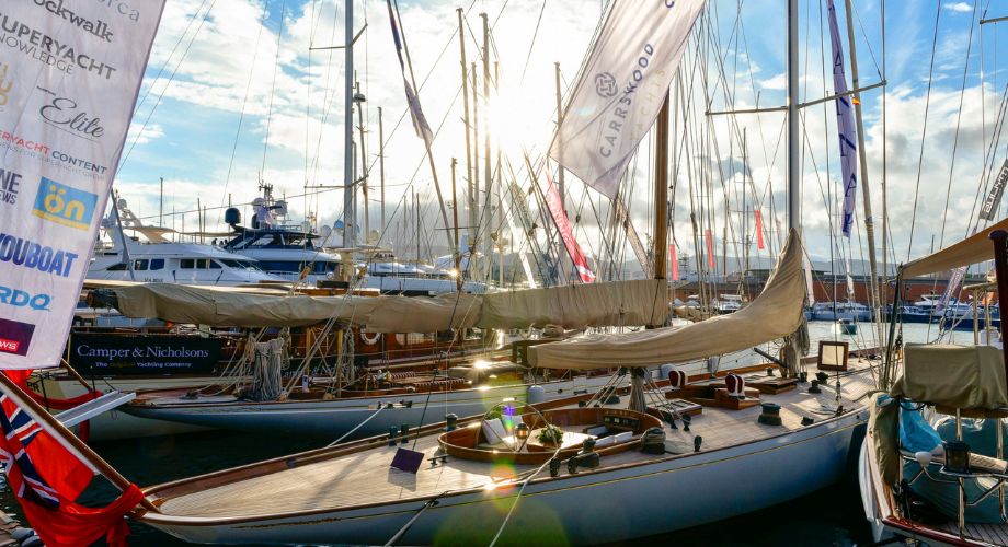 Boats docked in the ocean during Palma International Boat Show 2025.