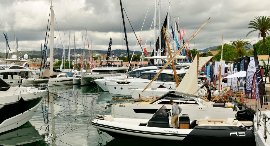 Boats docked in the ocean during Palma International Boat Show 2025.