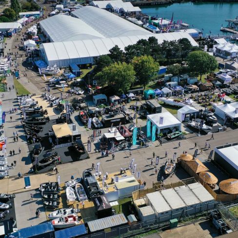 People viewing luxury yachts during the Southampton International Boat Show 2025.