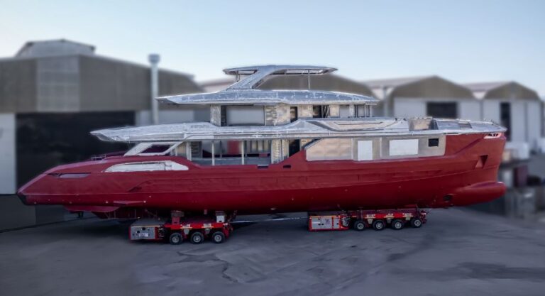 The first hull of Baglietto’s DOM115 line was recently moved to the company’s shipyard in Carrara, Italy to undergo fit-out.