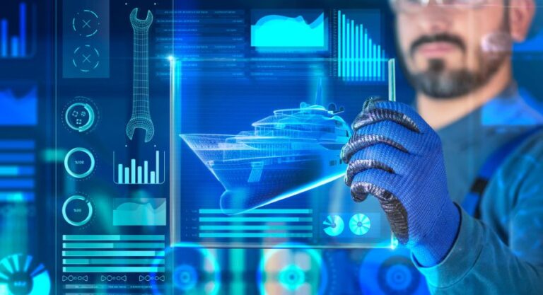 A futuristic digital interface with a holographic yacht design, technical data, and analytics, being manipulated by a worker.