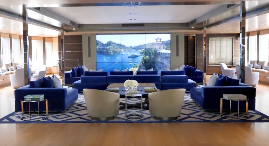 Interior living room view inside bold 85M silver yacht.