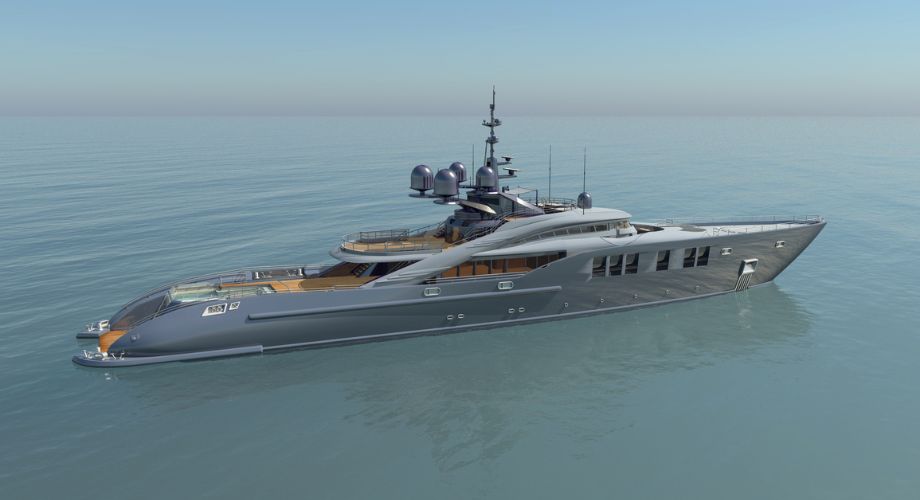 A luxury yacht in the ocean sailing, designed by a notable yacht designer.