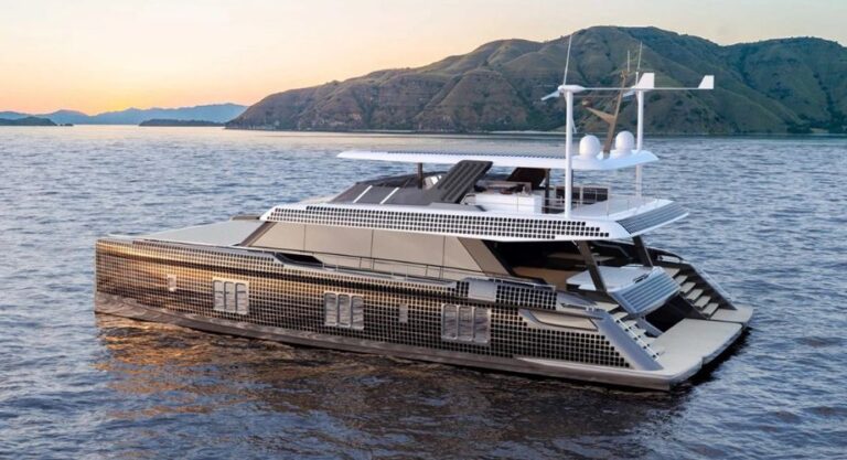 An electric yacht sailing in the ocean. Explore the rise of electric yachts, upcoming 2025 trends, & how innovation is shaping the future of luxury yacht market & electric boating.