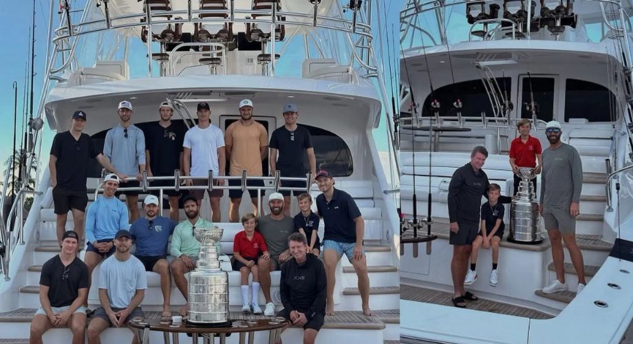 Florida Panthers hockey team with Gretsky and Johnson (left); Gretsky, Johnson, and sons (right).