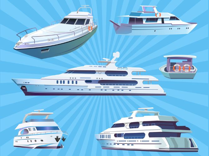 A variety of illustrated luxury yachts and boats against a blue, sunburst-style background. Understand yacht depreciation rates, resale value, and how much boats depreciate yearly. Learn how to buy smart.