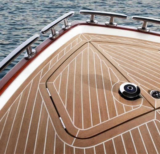 Yacht outside wooden floor.