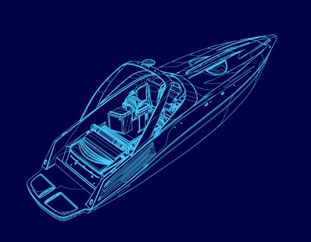 This is a digital wireframe illustration of a modern speedboat or motor yacht, showcasing its internal layout and structural design in a sleek, technical blueprint style.