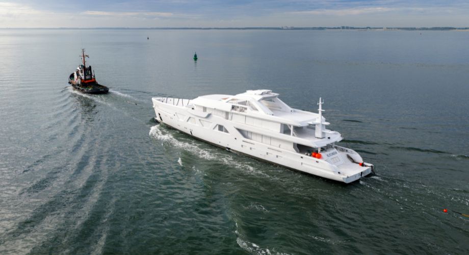 Amels 60 sailing in the ocean. Damen Yachting has started outfitting new Amels 60m and 80m superyachts at their Vlissingen Shipyard.