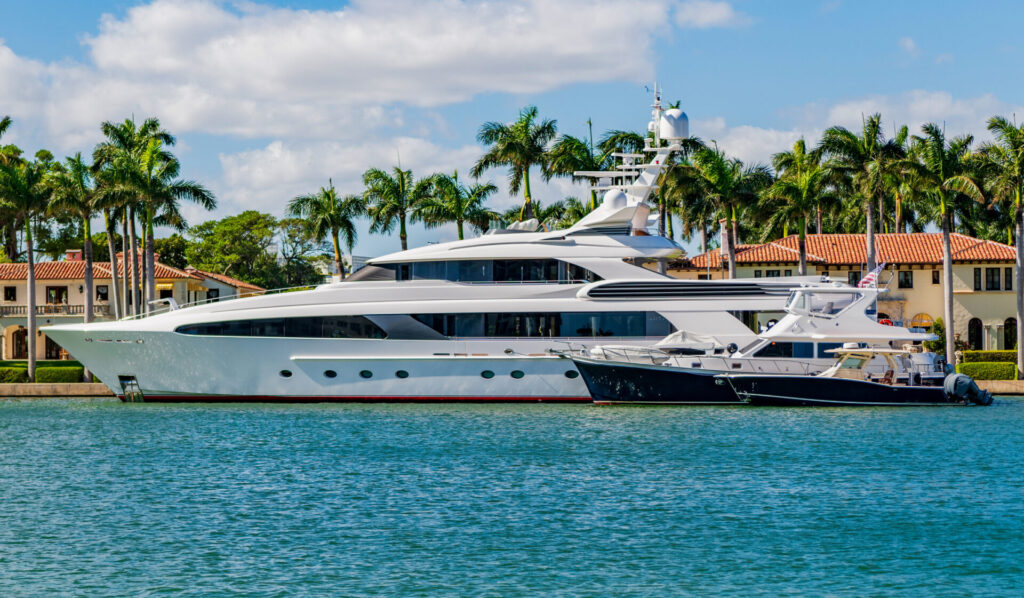 Luxury boat motor yacht in marina.