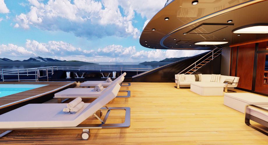 A futuristic yacht AI outdoor design. Explore how modern yacht layout evolves with adaptive architecture, AI design, and dynamic interiors that respond to onboard activities.