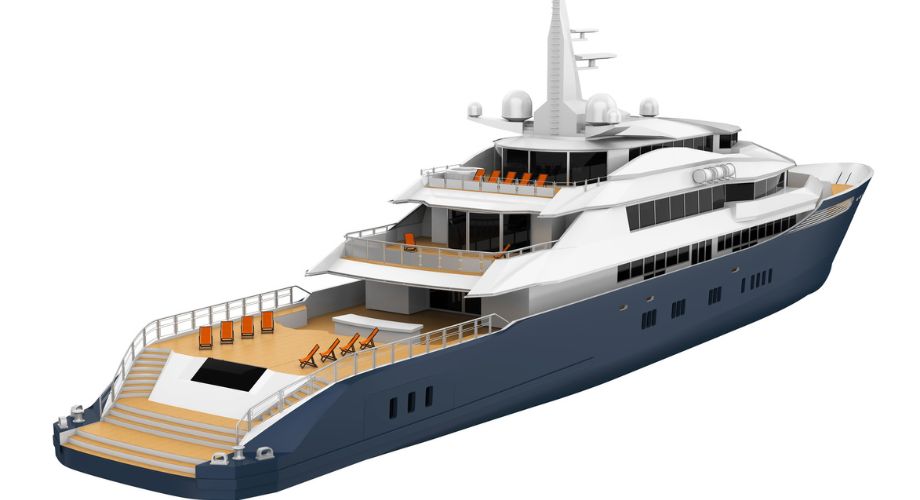 A luxurious, multi-deck yacht with sleek, modern design elements, spacious outdoor lounging areas, and a navy-blue hull. Explore how modern yacht layout evolves with adaptive architecture, AI design, and dynamic interiors that respond to onboard activities.