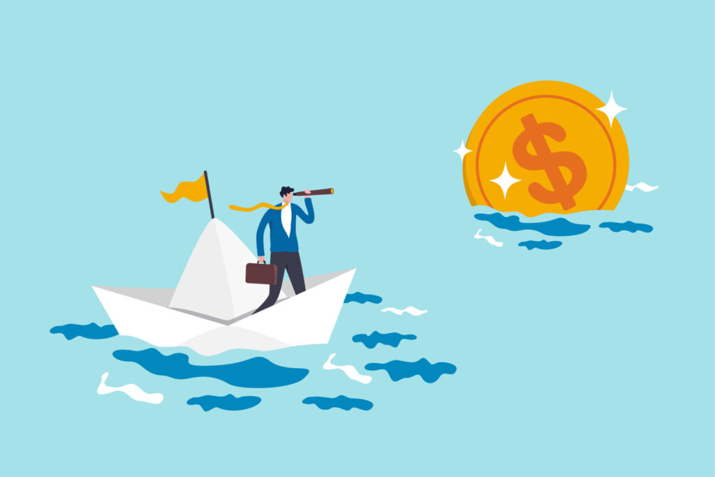 An illustrates of the concept of yacht lending, with a businessman on a paper boat navigating toward a large golden coin, symbolizing financial opportunity or investment returns.