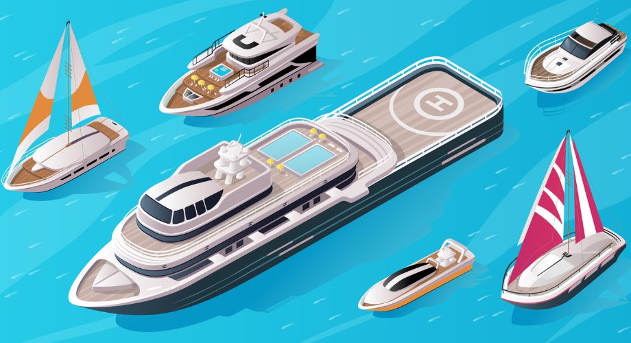 A variety of luxury boats and yachts, including sailboats and a superyacht with a helipad and pool, are depicted cruising on a bright blue ocean in this illustration.