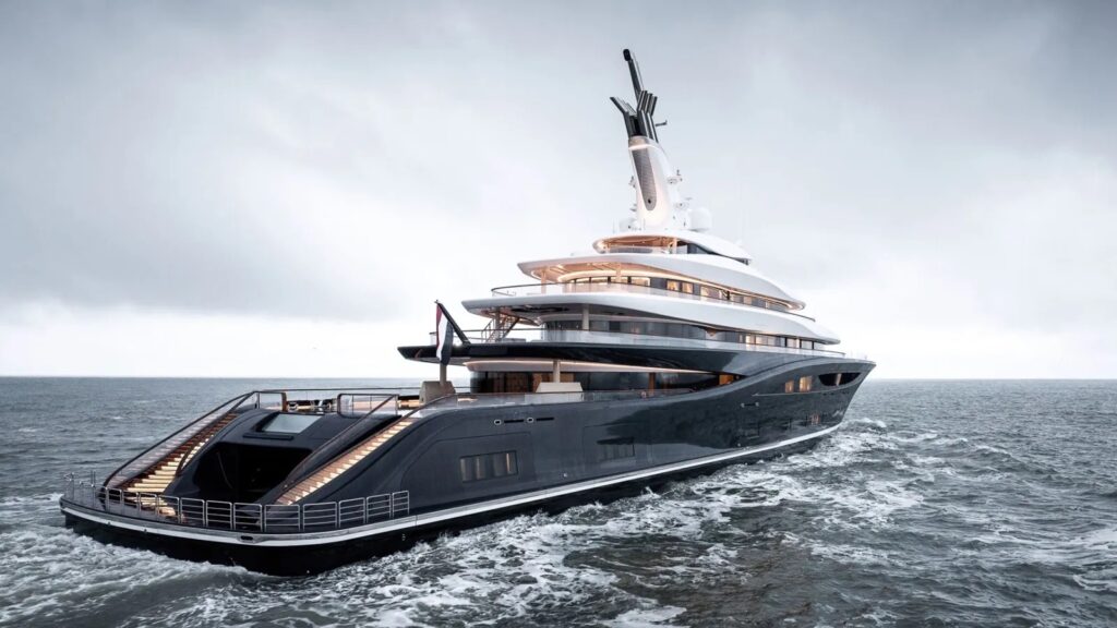 Project 821 a fully electric 289-foot (88-meter) custom superyacht launched in 2024. Explore electric mega yacht offering silent cruising and eco-friendly amenities, redefining luxury with green technology & innovative design.
