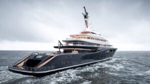 Project 821 a fully electric 289-foot (88-meter) custom superyacht launched in 2024. Explore electric mega yacht offering silent cruising and eco-friendly amenities, redefining luxury with green technology & innovative design.