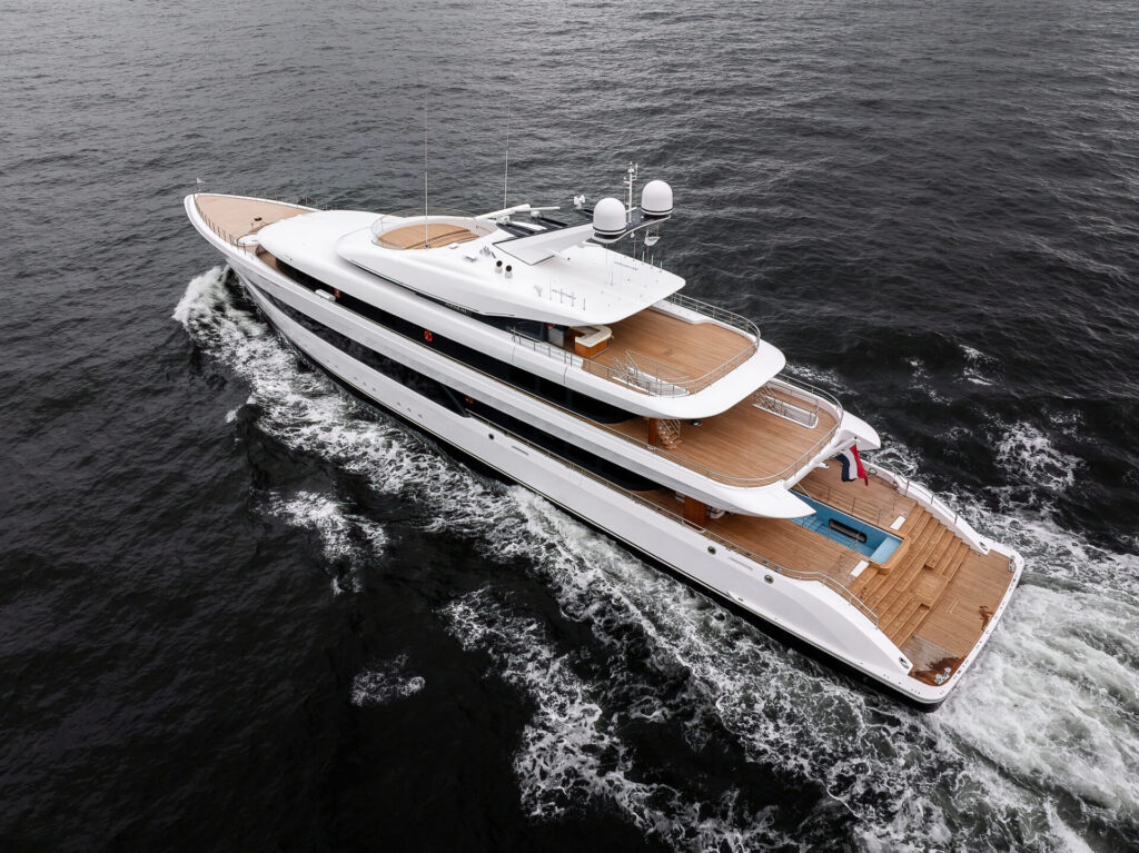 Feadship Delivers STELLA M | YATCO The 235ft luxury yacht STELLA M sailing on the ocean.