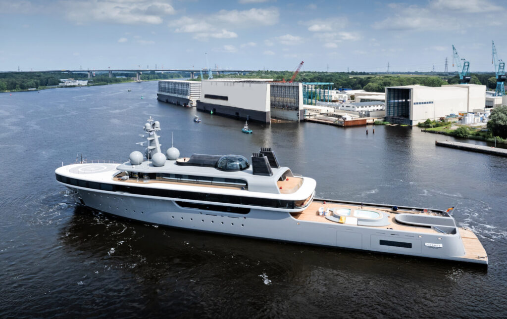 Lürssen Launches 374ft Gigayacht COSMOS | YATCO Lürssen 374ft Gigayacht COSMOS sailing on the ocean.