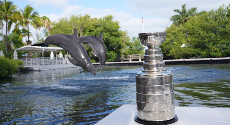 Two dolphins swimming next to a trophy. The Stanley Cup made a splash in the Florida Keys as part of the Florida Panthers’ ongoing championship celebration.