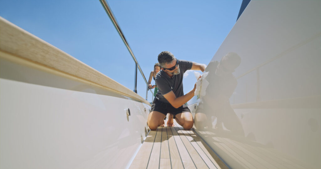 Yacht Detailing | Guide To Services, Costs & Expert Tips | YATCO Yacht cabin crew cleaning luxury yacht while kneeling against clear sky. Yacht cabin crew cleaning and performing yacht detailing on a luxury yacht while kneeling against a clear sky.