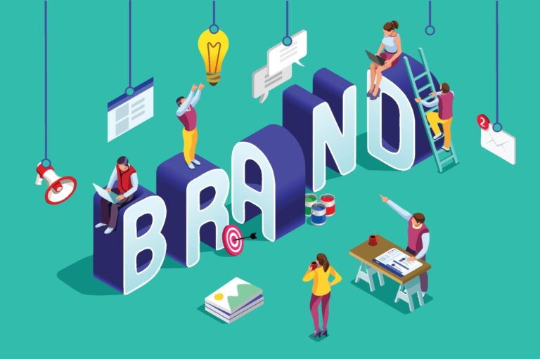 Brand vector text with employers working on branding design.