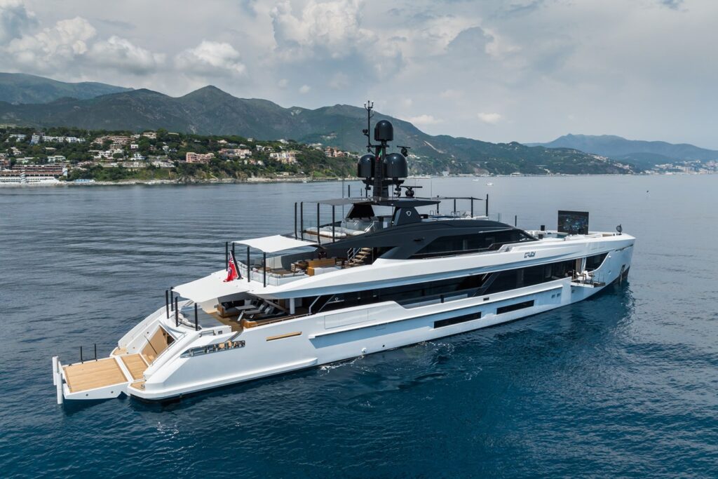 Yacht Entertainment Systems | Tech & Party Features | YATCO The GREY superyacht, equipped with yacht entertainment systems, is sailing on the ocean.