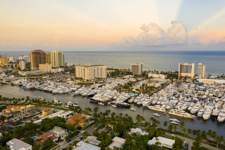 Aerial photo Fort Lauderdale international boat show 2019 showcasing the luxury yacht market in Florida.