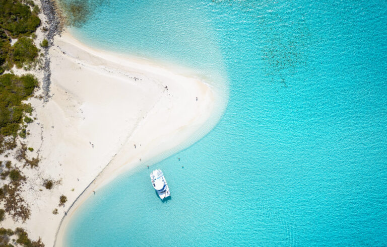 Aerial overhead view of the beautiful beaches in Exuma islands, Bahamas, Caribbean, with clear, turquoise ocean.