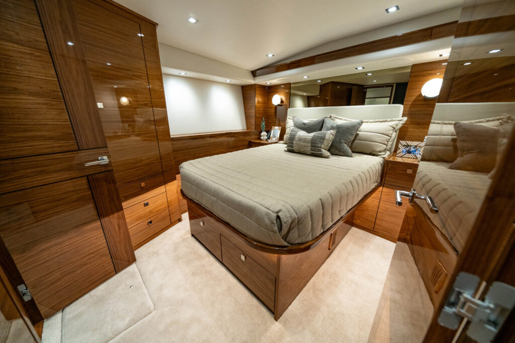 The interior bedroom suite of a Viking 82 yacht. Explore Viking yachts for sale including 72, 82, and 92 models. Verified listings, specs, & buying tips for sportfishing and luxury cruising.